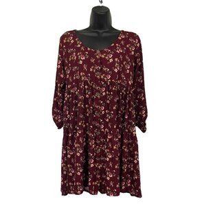 ke•ned•ik Smock Dress Floral Burgundy Button Front Tabbed Sleeve Size S